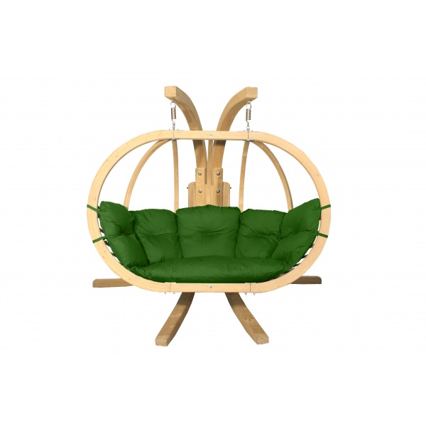 Dvivietis medinis pakabinamas krėslas su stovu SWING POD XL + žalios spalvos pagalvė