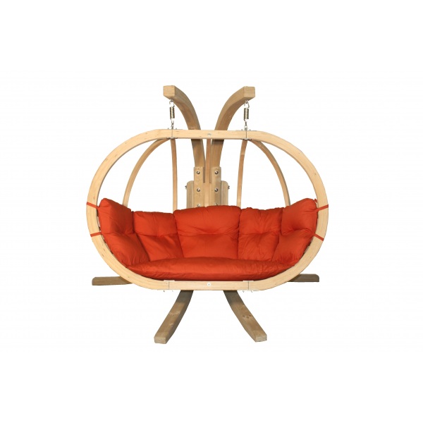 Dvivietis medinis pakabinamas krėslas su stovu SWING POD XL + raudonos spalvos pagalvė