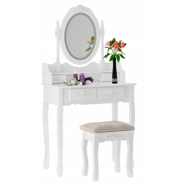 Kosmetinis staliukas Vintage LED su veidrodžiu + kėdė Baltas